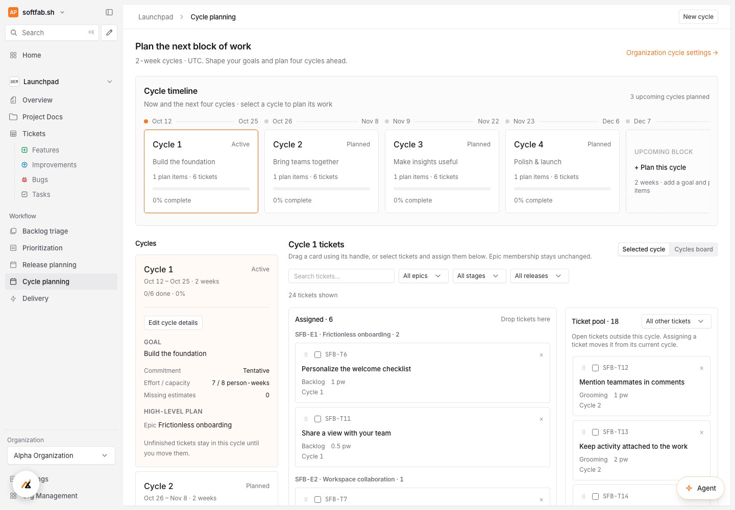 SoftFab cycle planning across four sample cycles